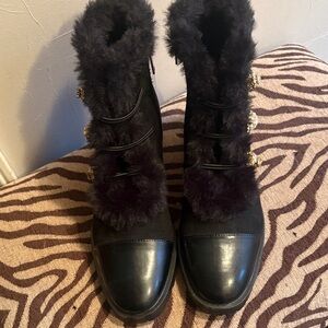 Nanette Lepore Black Fur-Trimmed Boots with Gold Accents